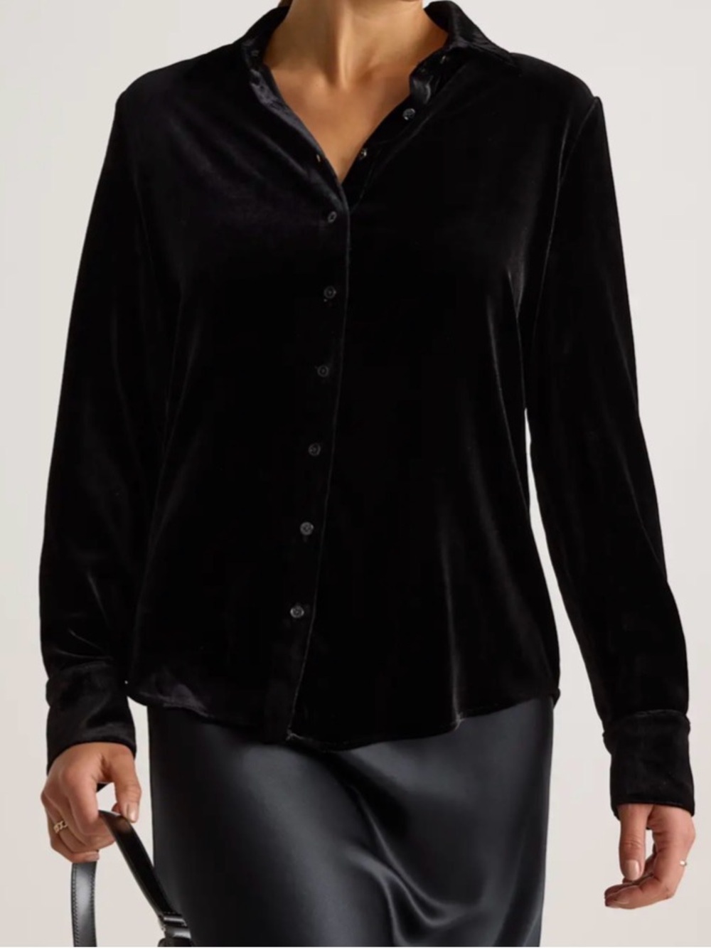 Quince Stretch Silk Velvet Long Sleeve Shirt Black Size Medium